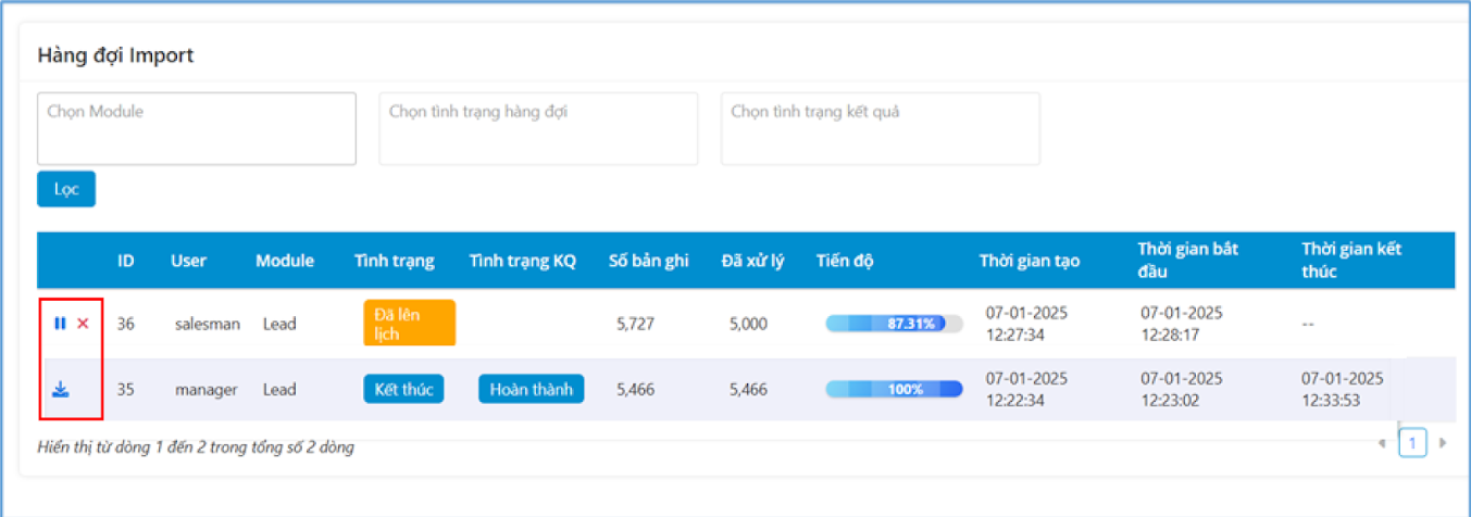 Admin chủ động quản lý tiến trình