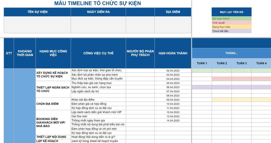 mẫu timeline phân chia công việc trong sự kiện