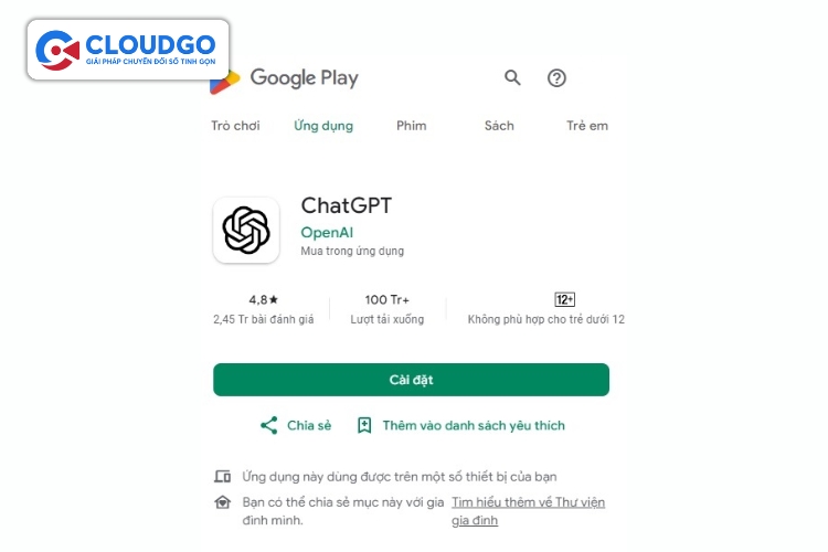 Giao diện để tải phần mềm Chat GPT trên Android
