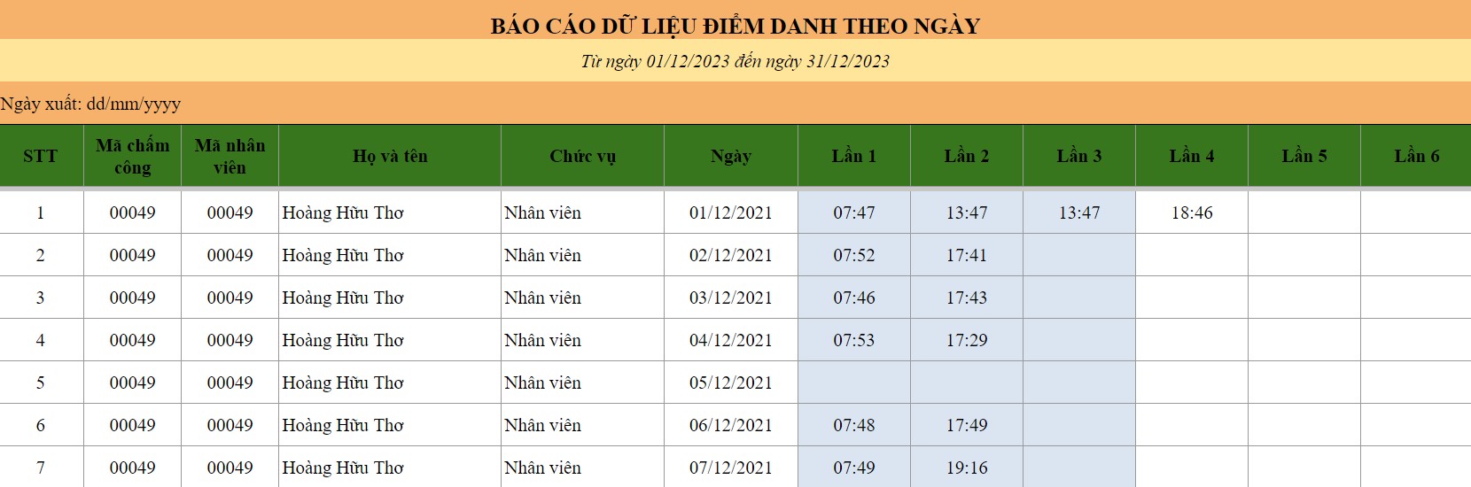 mẫu bảng chấm công tính cho từng ngày