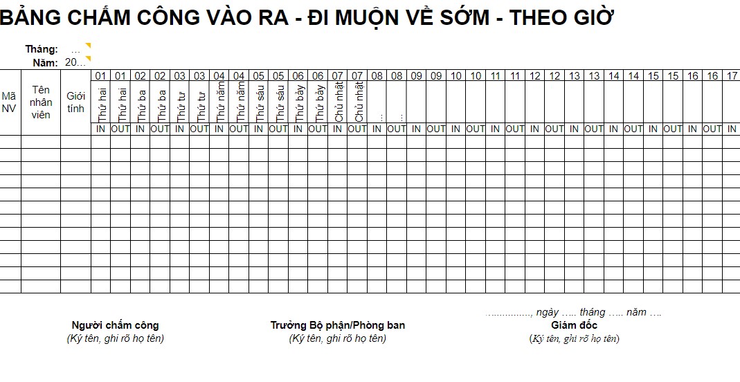 mẫu bảng chấm công tính theo giờ làm việc