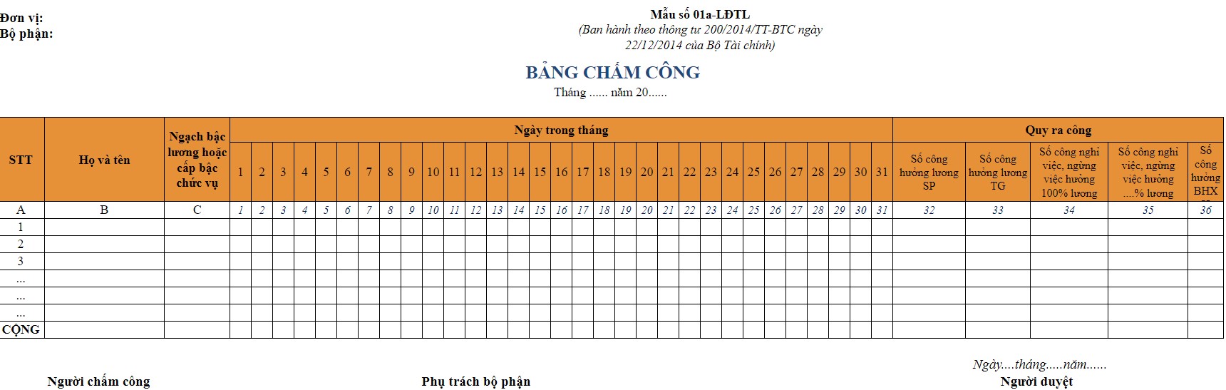 Mẫu bảng chấm công theo thông tư 200