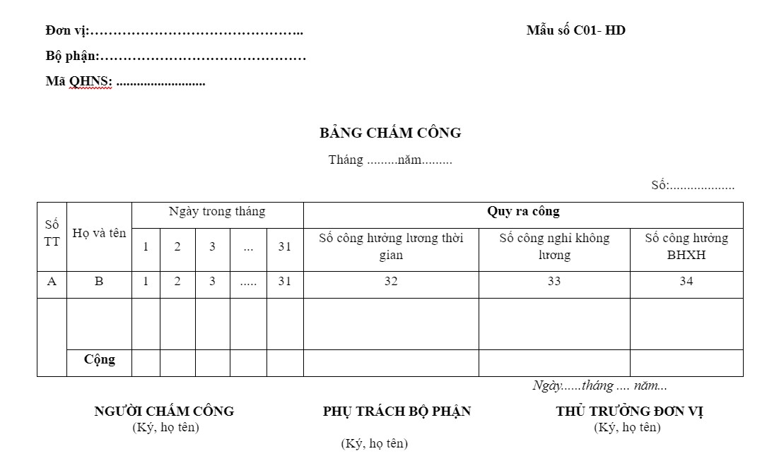 mẫu bảng chấm công theo thông tư 133