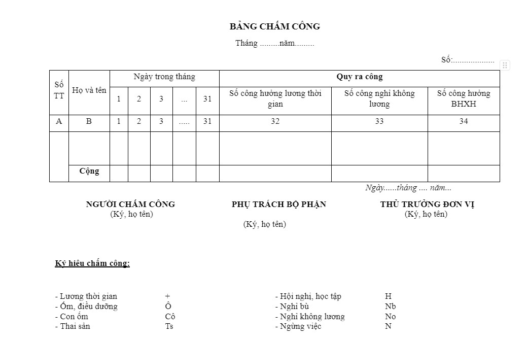 mẫu bảng chấm công hằng ngày theo thông tư 177