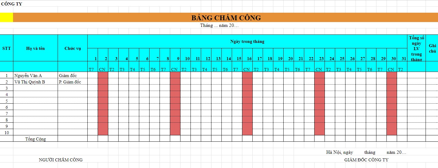 mẫu bảng chấm công hằng ngày đơn giản