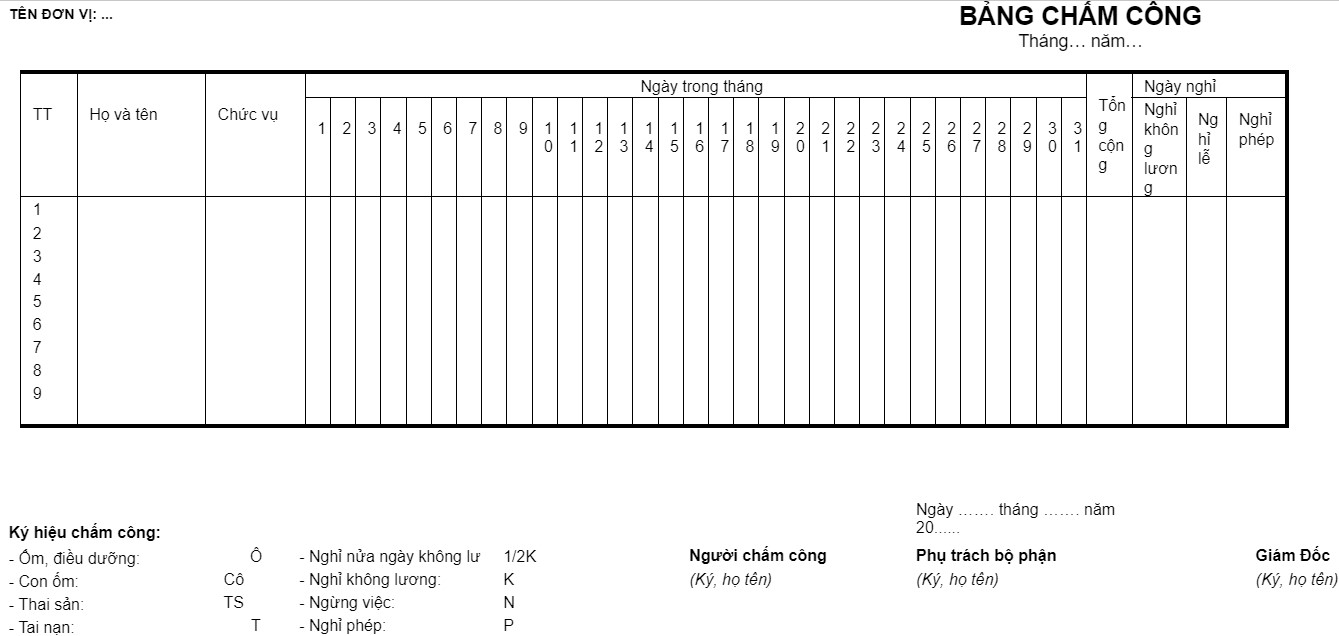 mẫu bảng chấm công hằng ngày trong word