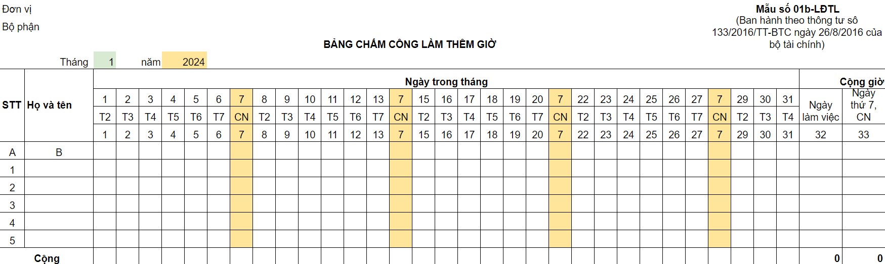 mẫu bảng chấm công làm thêm giờ