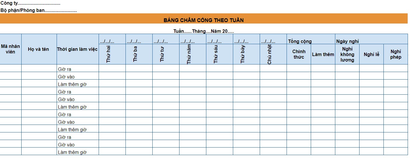 mẫu bảng chấm công làm theo tuần