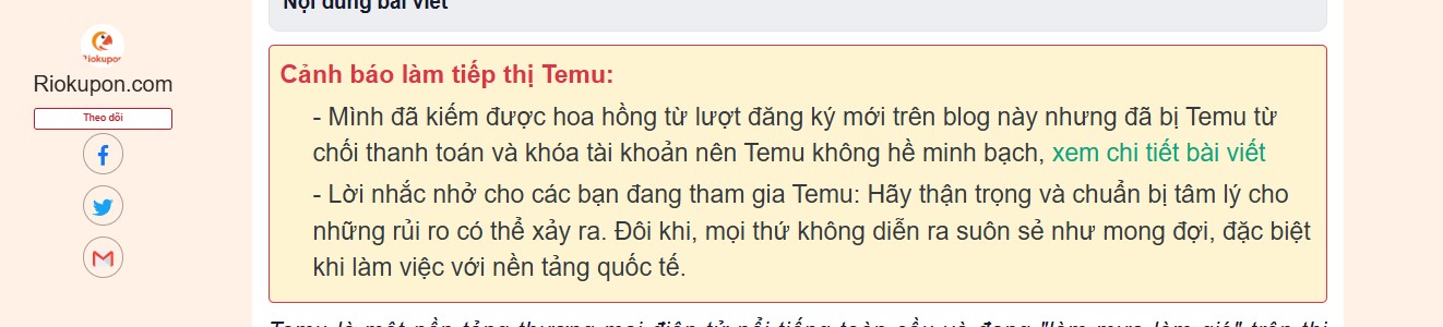 Một bài Blog hướng dẫn Affiliate Temu đã bị từ chối hoa hồng